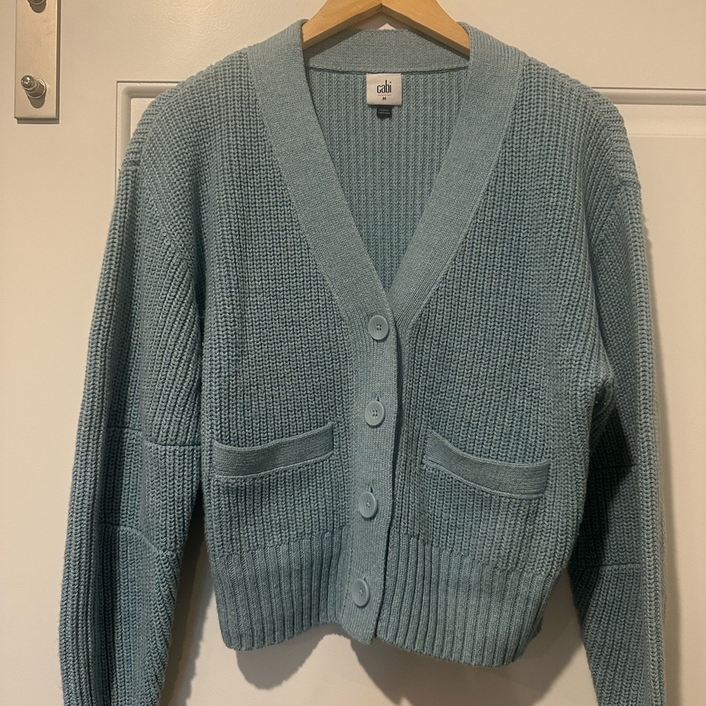 CAbi Blue Cardigan Sweater V-Neck Ribbed Knit